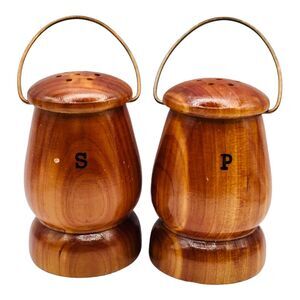 VTG Wood Salt Pepper Shaker Set Copper Handle Farmhouse Primitive Lantern Style